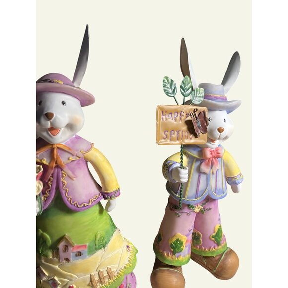 Easter Bunny Figurines Set Of 2 With Spring Details & Decorations - Picture 11 of 13